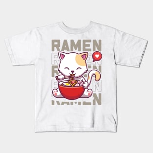 Cat Eating Ramen Cute Noodles, Kawaii Kittie Eating Japanese Noodle Kids T-Shirt